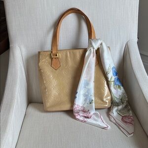 Louis Vuitton Beige Patent Leather Tote with Floral Silk Scarf